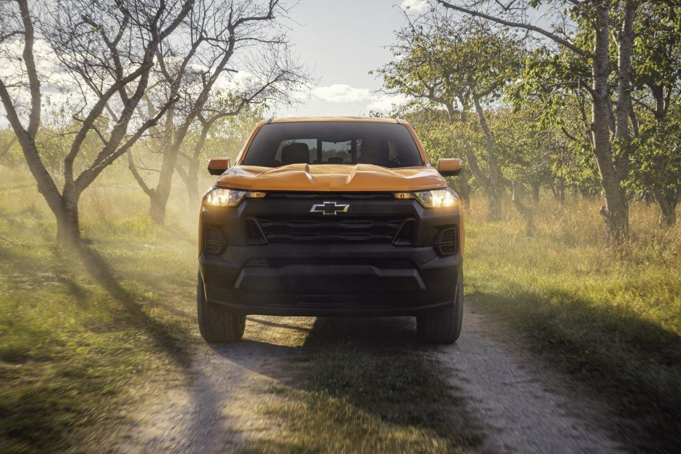Chevrolet Colorado in orange facing forward on a dirt trail between trees